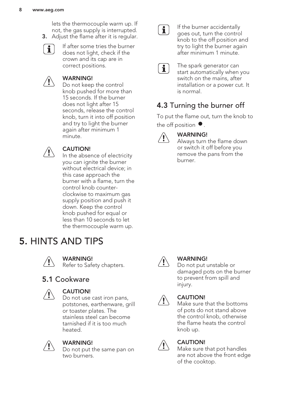 3 turning the burner off, Hints and tips, 1 cookware | AEG HG654440SM User Manual | Page 8 / 20