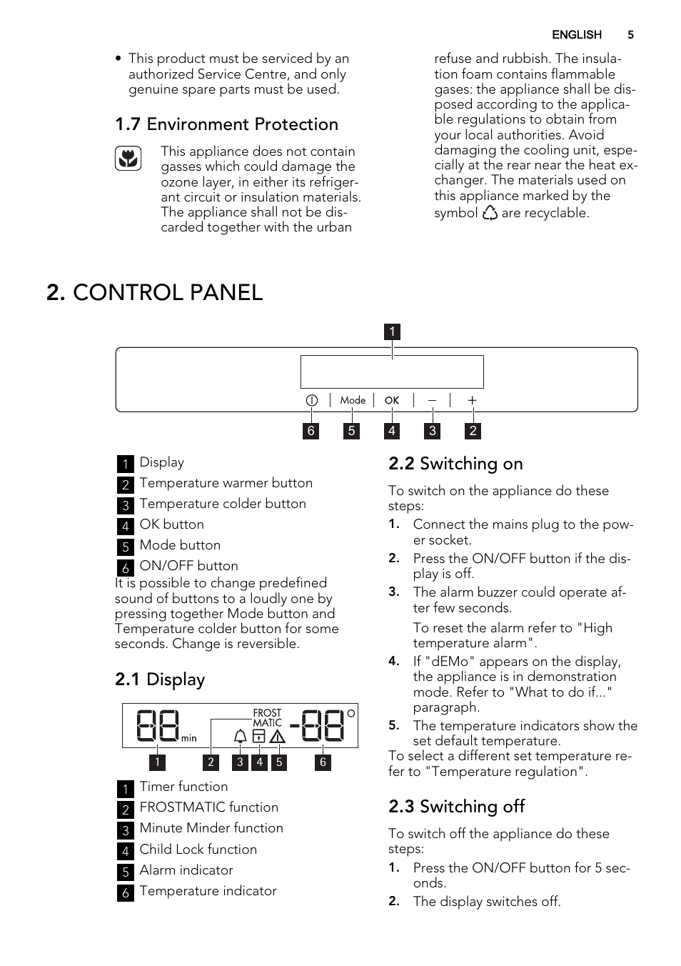 Control panel, 7 environment protection, 1 display | 2 switching on, 3 switching off | AEG AGS58200F0 User Manual | Page 5 / 16