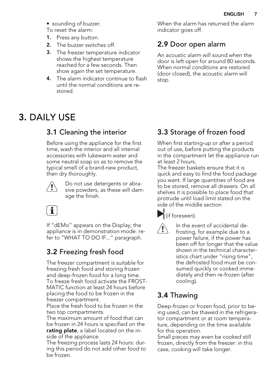 Daily use, 9 door open alarm, 1 cleaning the interior | 2 freezing fresh food, 3 storage of frozen food, 4 thawing | AEG AGS58200F0 User Manual | Page 7 / 16