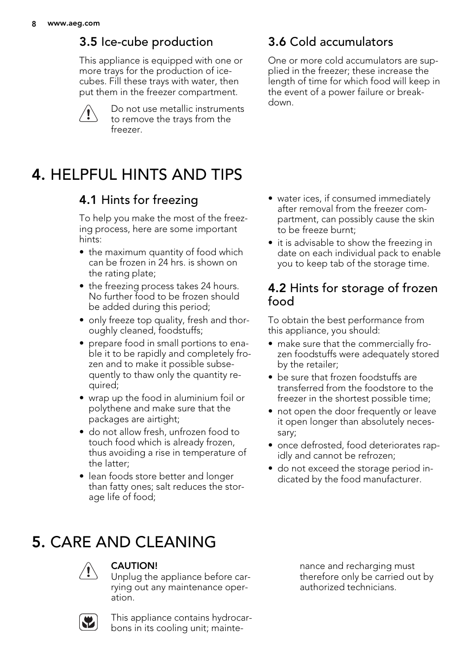 Helpful hints and tips, Care and cleaning, 5 ice-cube production | 6 cold accumulators, 1 hints for freezing, 2 hints for storage of frozen food | AEG AGS58200F0 User Manual | Page 8 / 16