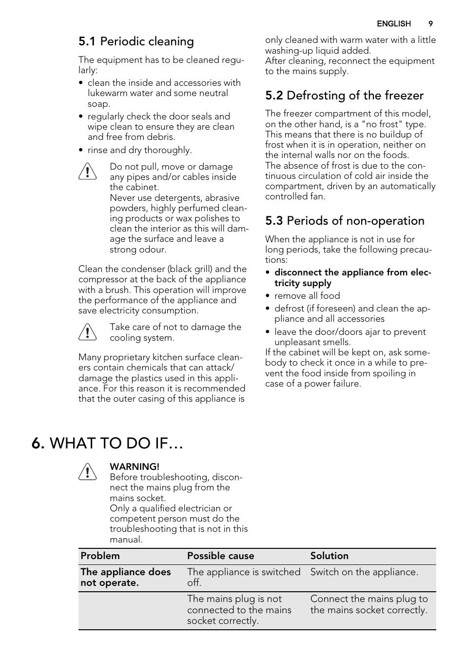 What to do if, 1 periodic cleaning, 2 defrosting of the freezer | 3 periods of non-operation | AEG AGS58200F0 User Manual | Page 9 / 16