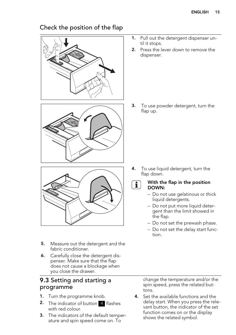 Check the position of the flap, 3 setting and starting a programme | AEG L61470BI User Manual | Page 15 / 36