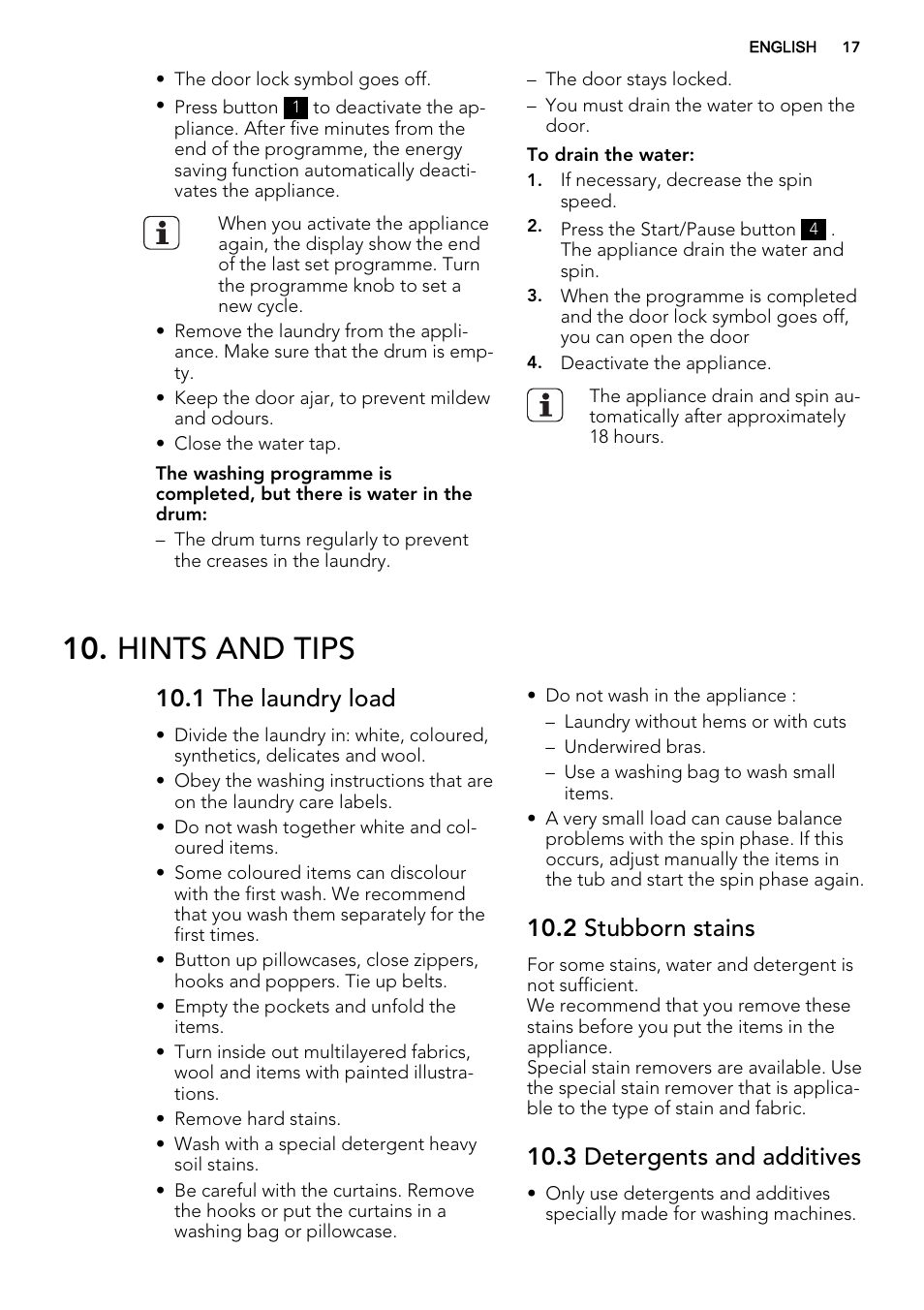 Hints and tips, 1 the laundry load, 2 stubborn stains | 3 detergents and additives | AEG L61470BI User Manual | Page 17 / 36