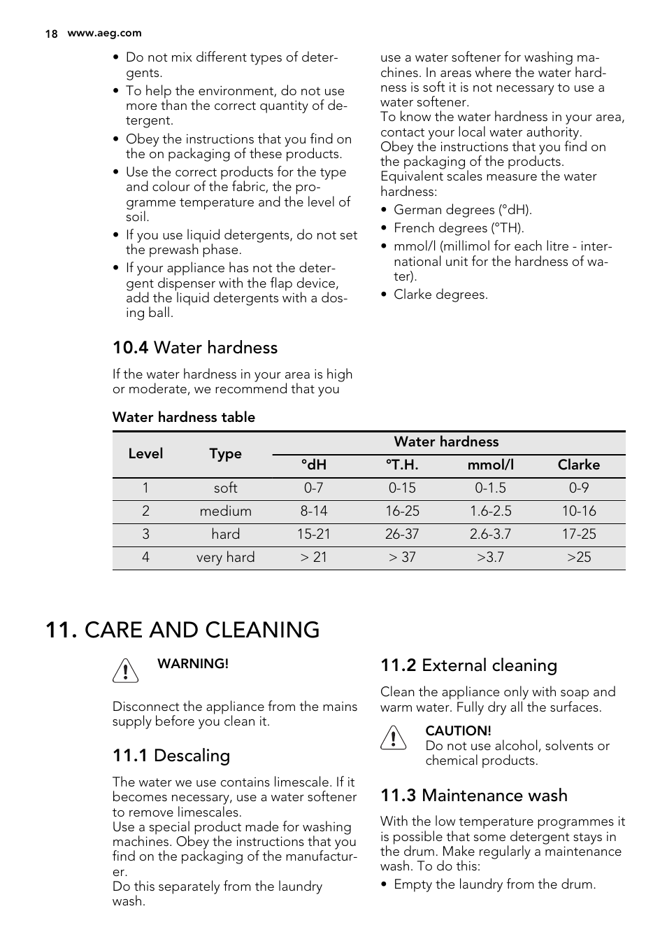 Care and cleaning, 4 water hardness, 1 descaling | 2 external cleaning, 3 maintenance wash | AEG L61470BI User Manual | Page 18 / 36