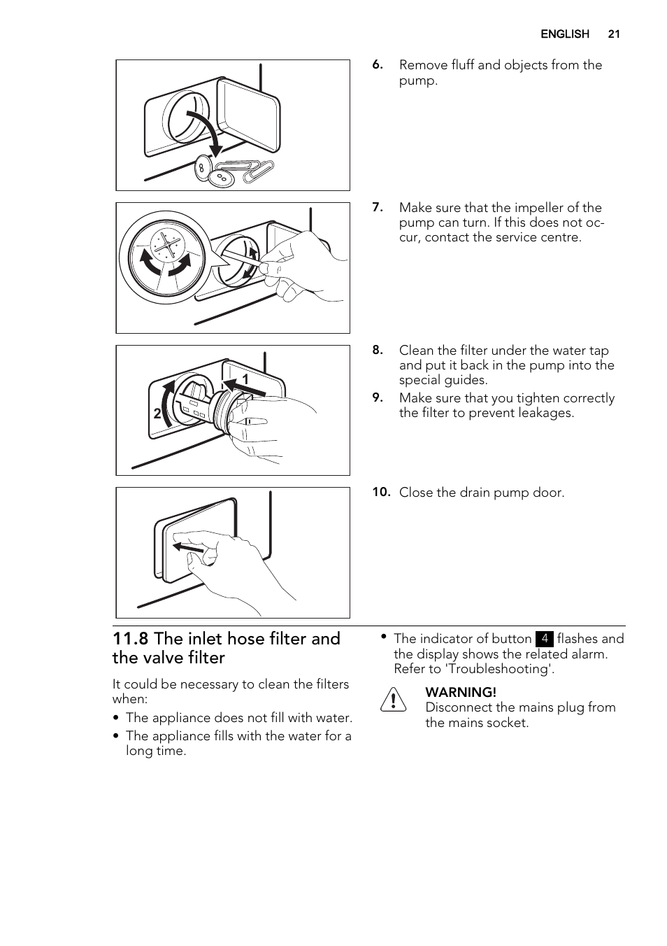 8 the inlet hose filter and the valve filter | AEG L61470BI User Manual | Page 21 / 36
