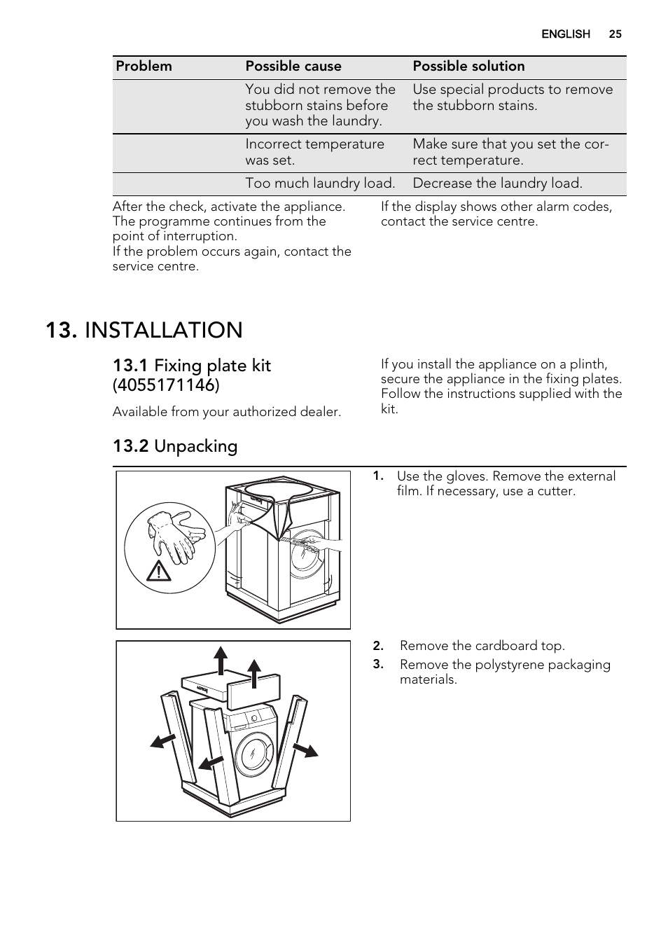 Installation, 2 unpacking | AEG L61470BI User Manual | Page 25 / 36