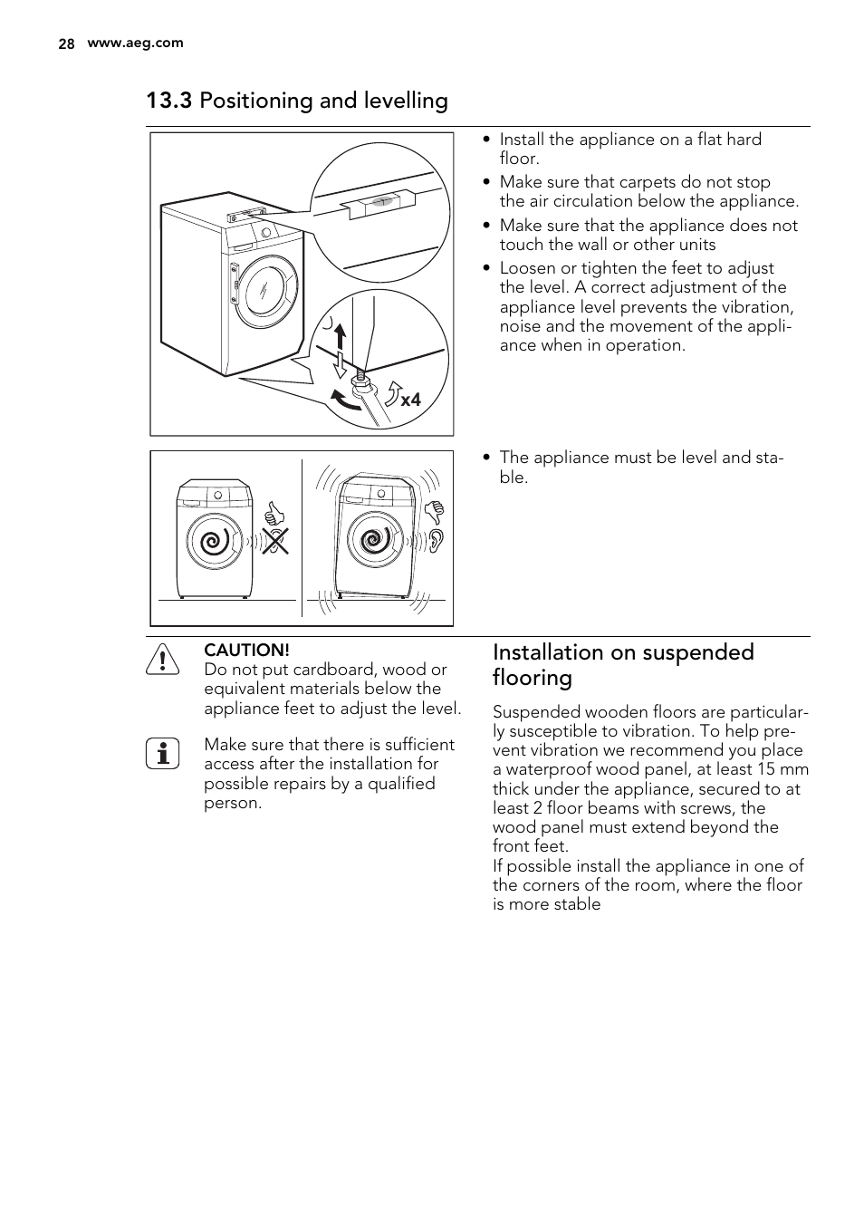3 positioning and levelling, Installation on suspended flooring | AEG L61470BI User Manual | Page 28 / 36