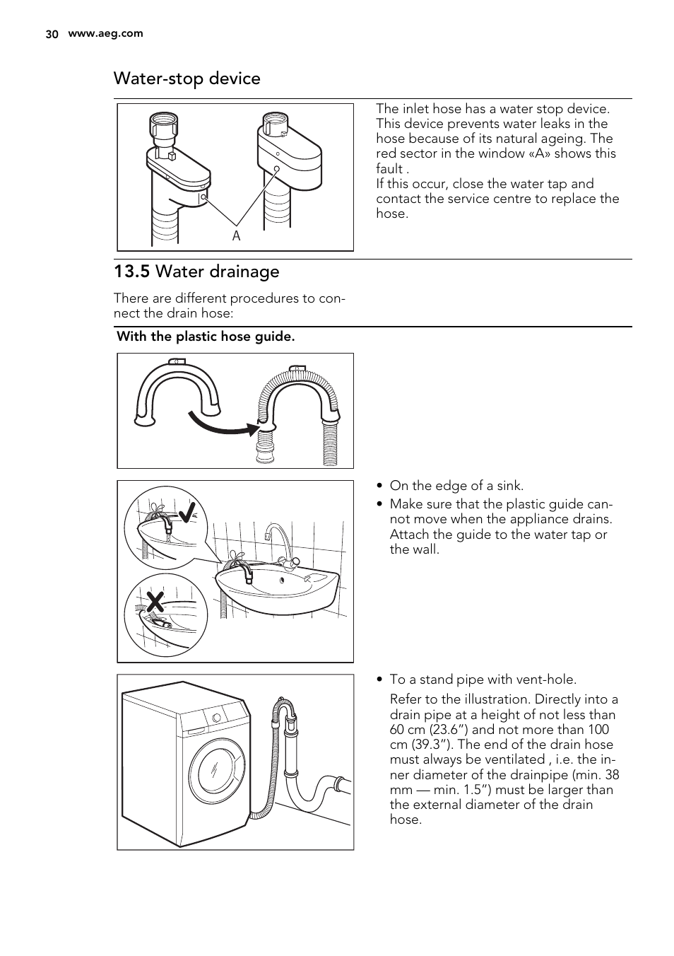 Water-stop device, 5 water drainage | AEG L61470BI User Manual | Page 30 / 36