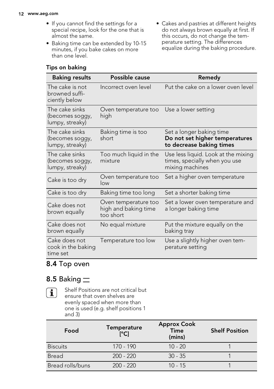 4 top oven 8.5 baking | AEG NC4003020M User Manual | Page 12 / 28