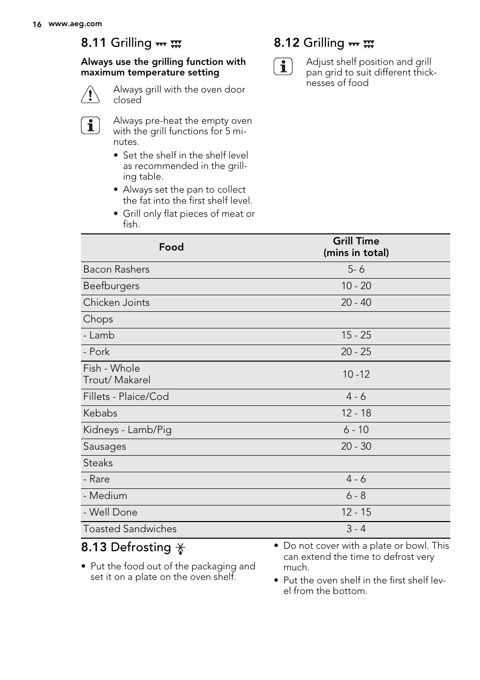 11 grilling, 12 grilling, 13 defrosting | AEG NC4003020M User Manual | Page 16 / 28