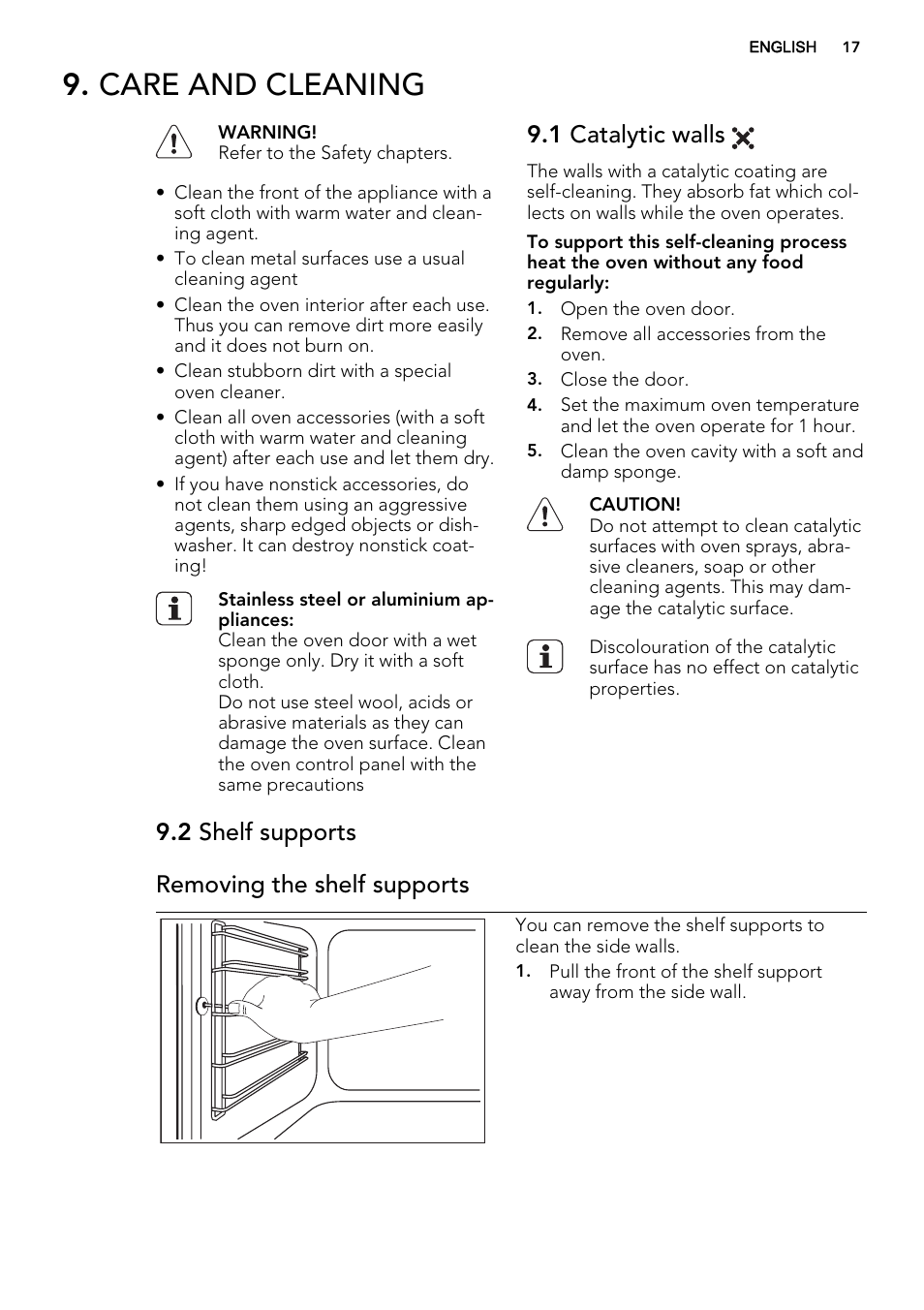 Care and cleaning, 1 catalytic walls, 2 shelf supports removing the shelf supports | AEG NC4003020M User Manual | Page 17 / 28