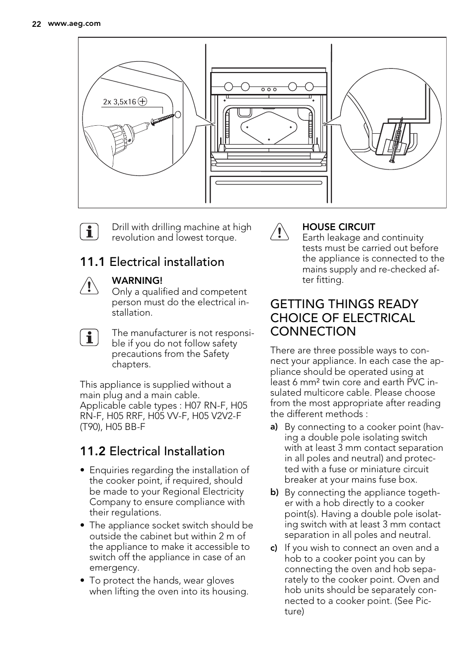 1 electrical installation, 2 electrical installation | AEG NC4003020M User Manual | Page 22 / 28