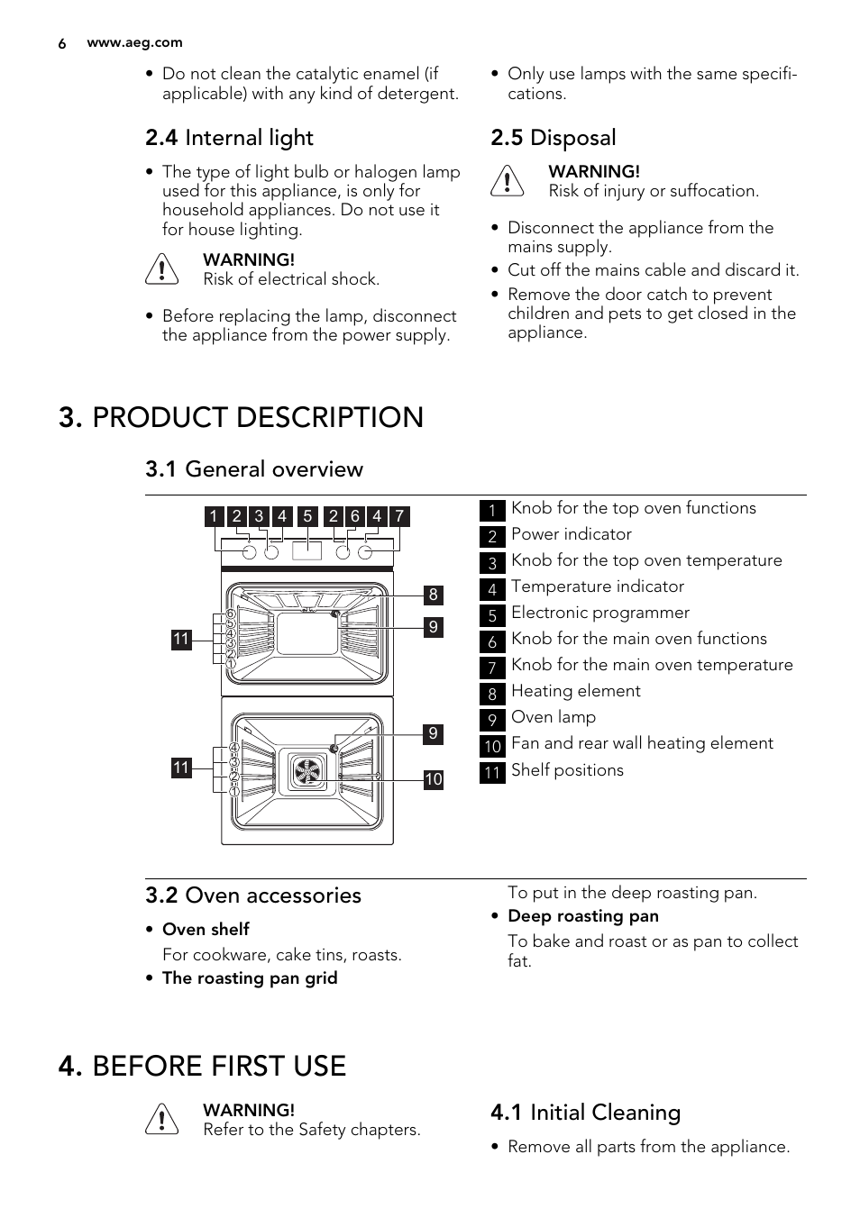 Product description, Before first use, 4 internal light | 5 disposal, 1 general overview, 2 oven accessories, 1 initial cleaning | AEG NC4003020M User Manual | Page 6 / 28