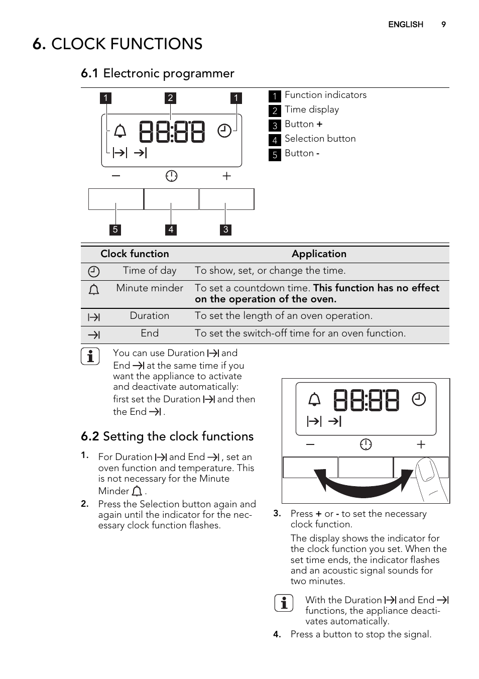 Clock functions, 1 electronic programmer, 2 setting the clock functions | AEG NC4003020M User Manual | Page 9 / 28