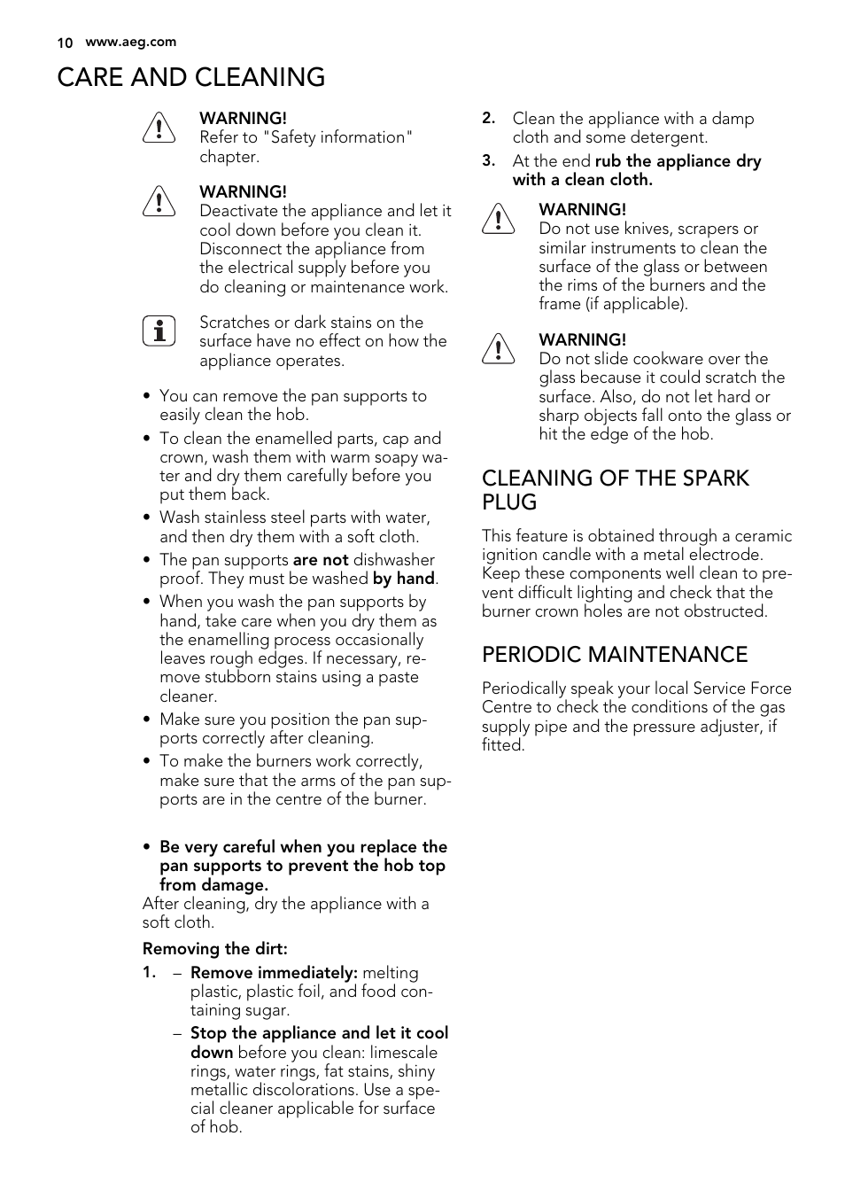 Care and cleaning, Cleaning of the spark plug, Periodic maintenance | AEG HG795540XB User Manual | Page 10 / 20