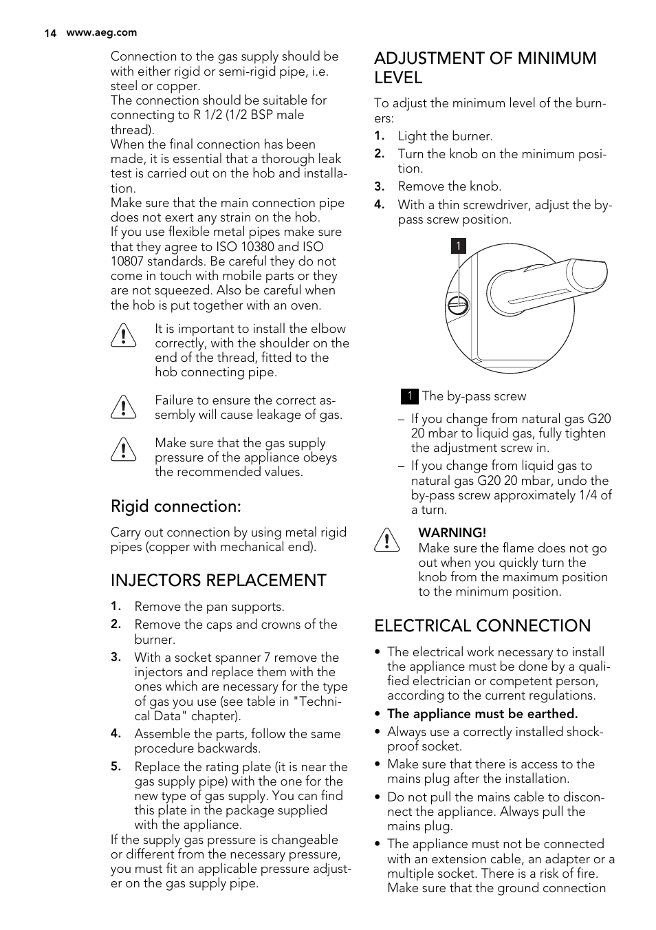 Rigid connection, Injectors replacement, Adjustment of minimum level | Electrical connection | AEG HG795540XB User Manual | Page 14 / 20