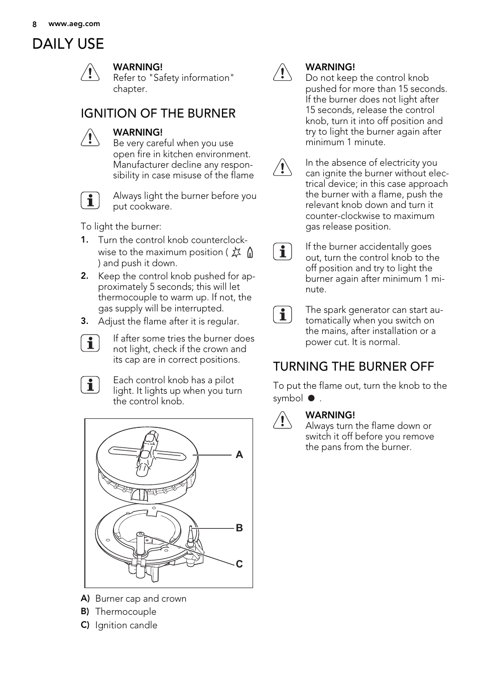 Daily use, Ignition of the burner, Turning the burner off | AEG HG795540XB User Manual | Page 8 / 20