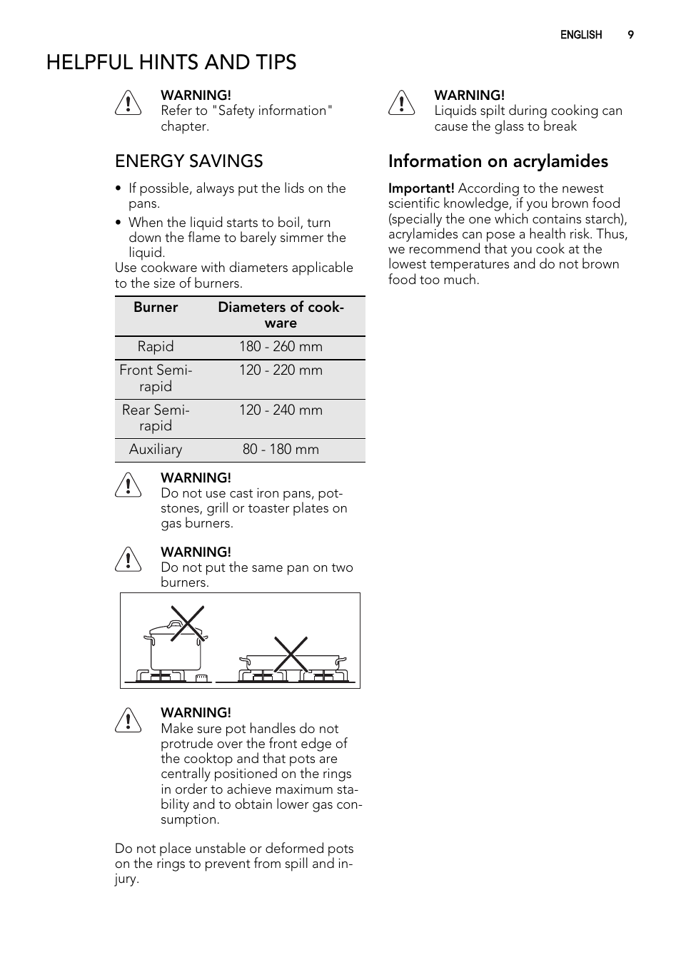 Helpful hints and tips, Energy savings, Information on acrylamides | AEG HG795540XB User Manual | Page 9 / 20