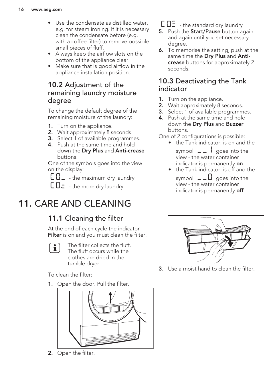 3 deactivating the tank indicator, Care and cleaning, 1 cleaning the filter | AEG T76485AH User Manual | Page 16 / 24