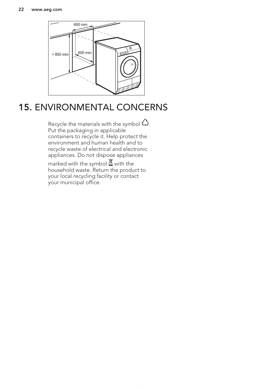Environmental concerns | AEG T76485AH User Manual | Page 22 / 24