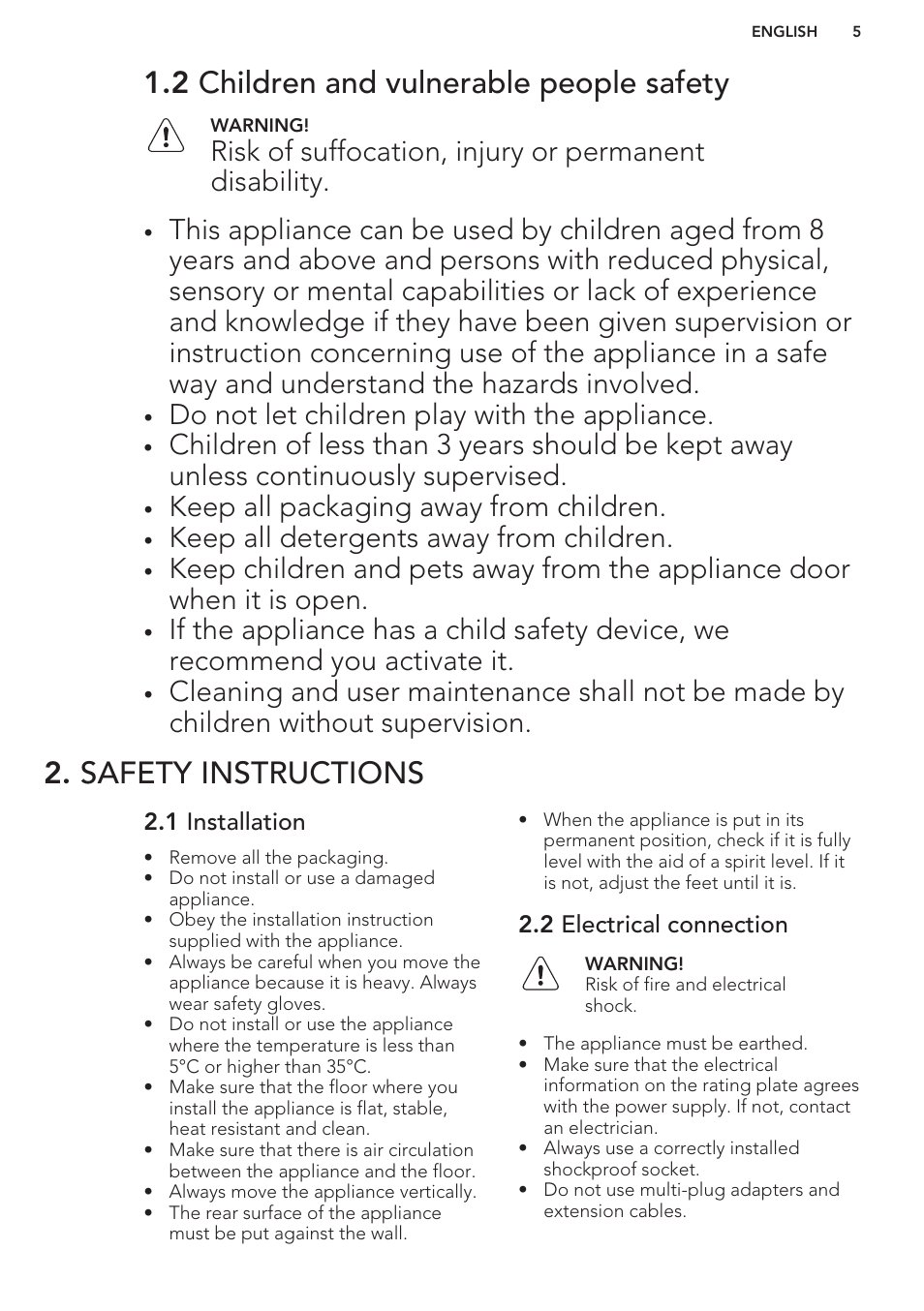 2 children and vulnerable people safety, Safety instructions, 1 installation | 2 electrical connection, Do not let children play with the appliance, Keep all packaging away from children, Keep all detergents away from children | AEG T76485AH User Manual | Page 5 / 24