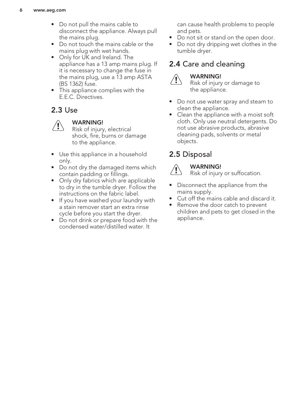 3 use, 4 care and cleaning, 5 disposal | AEG T76485AH User Manual | Page 6 / 24