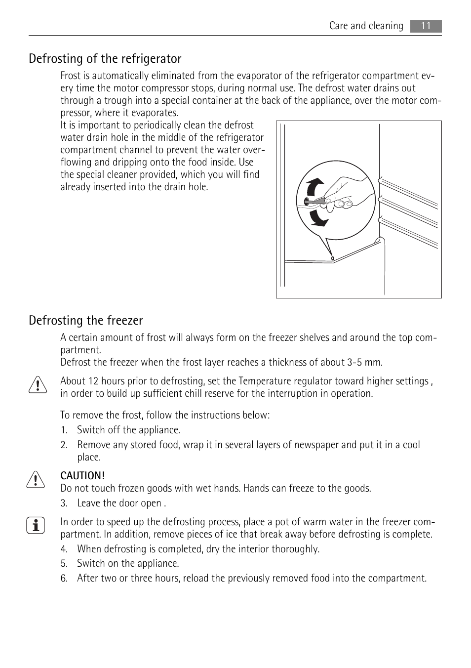 Defrosting of the refrigerator, Defrosting the freezer | AEG AGN71200F0 User Manual | Page 11 / 24