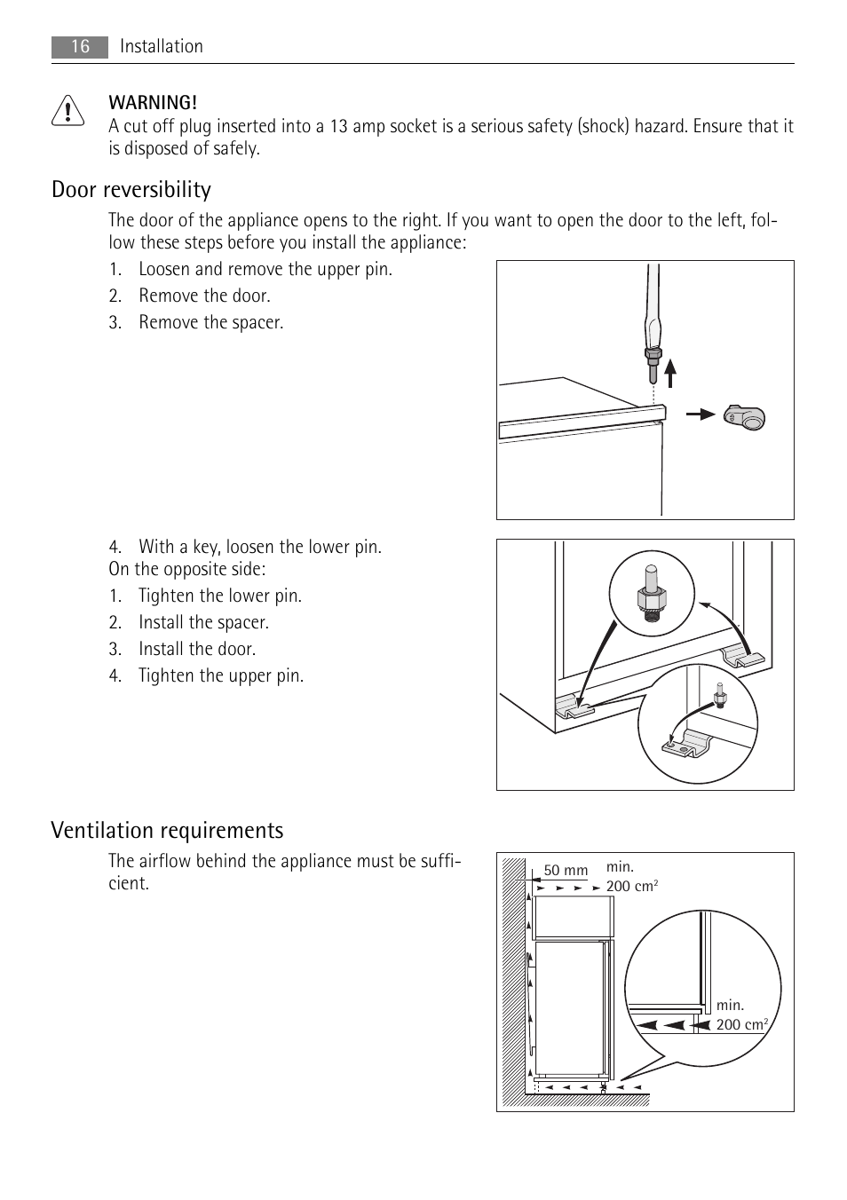 Door reversibility, Ventilation requirements | AEG AGN71200F0 User Manual | Page 16 / 24