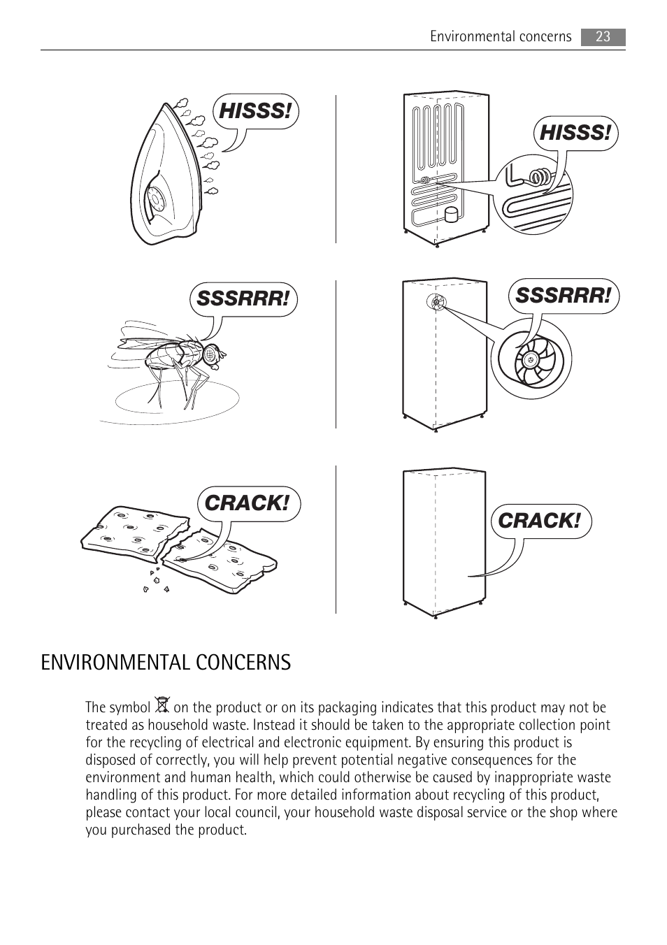 Environmental concerns, Hisss, Sssrrr | Crack | AEG AGN71200F0 User Manual | Page 23 / 24