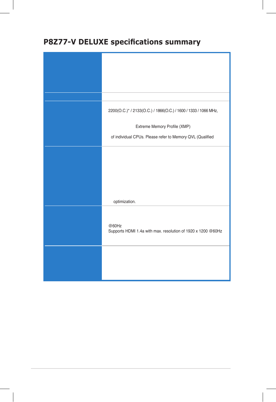 P8z77-v deluxe specifications summary | Asus DELUXE P8Z77-V User Manual | Page 10 / 195