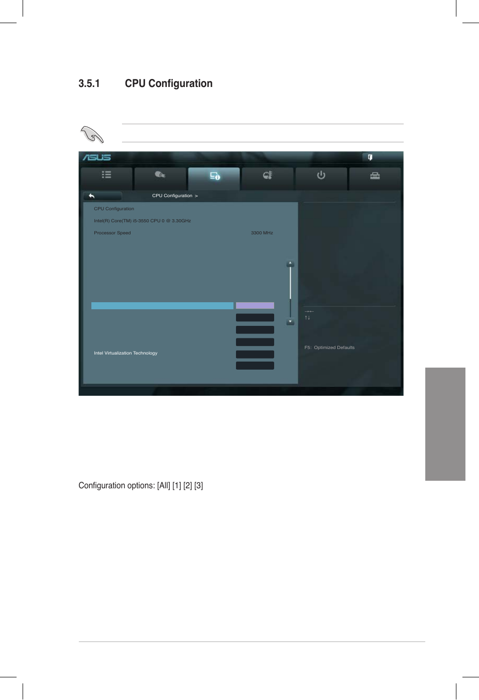 1 cpu configuration, Cpu configuration, Chapter 3 | Intel adaptive thermal monitor [enabled, Active processor cores [all, Limit cpuid maximum [disabled, Execute disable bit [enabled, Asus p8z77-v deluxe | Asus DELUXE P8Z77-V User Manual | Page 100 / 195