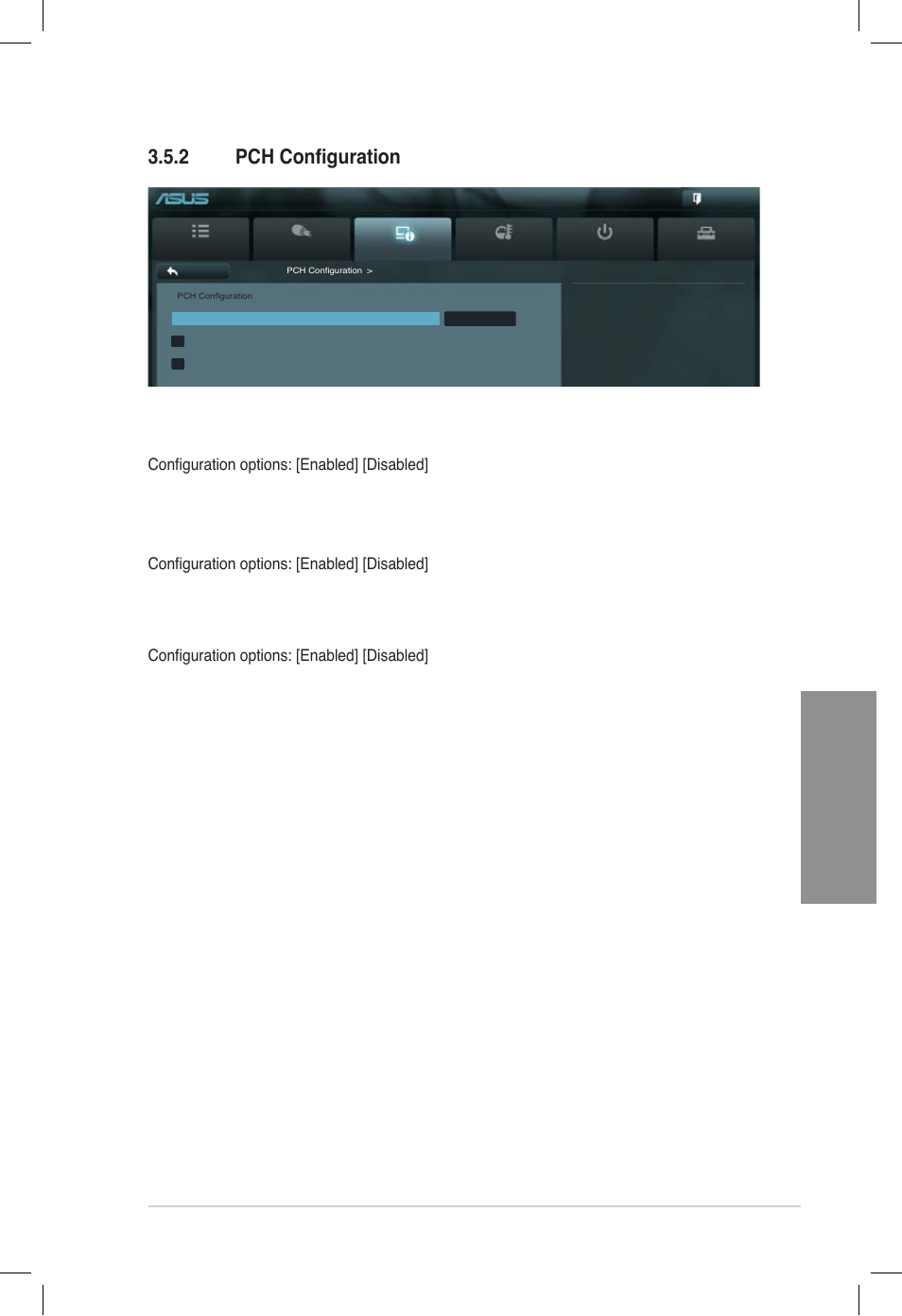 2 pch configuration, Pch configuration, Chapter 3 | 2 pch configuration high precision timer [enabled, Intel smart connect technology [disabled, Intel rapid start technology [disabled, Asus p8z77-v deluxe | Asus DELUXE P8Z77-V User Manual | Page 102 / 195