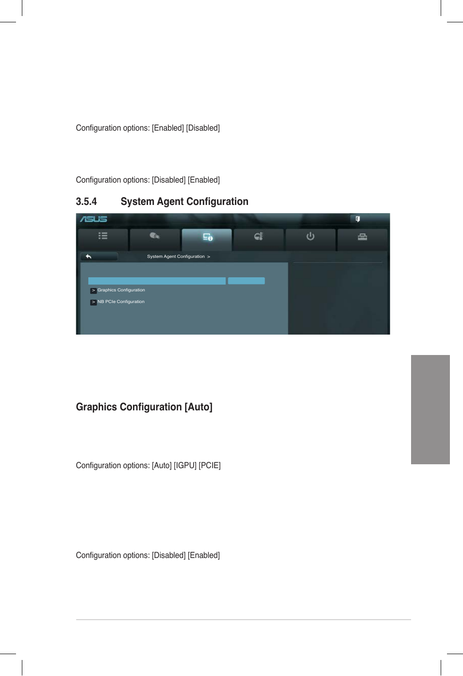 4 system agent configuration, System agent configuration, Chapter 3 | S.m.a.r.t. status check [enabled, Hot plug [disabled, Graphics configuration [auto, Primary display [auto, Render standby [enabled | Asus DELUXE P8Z77-V User Manual | Page 104 / 195