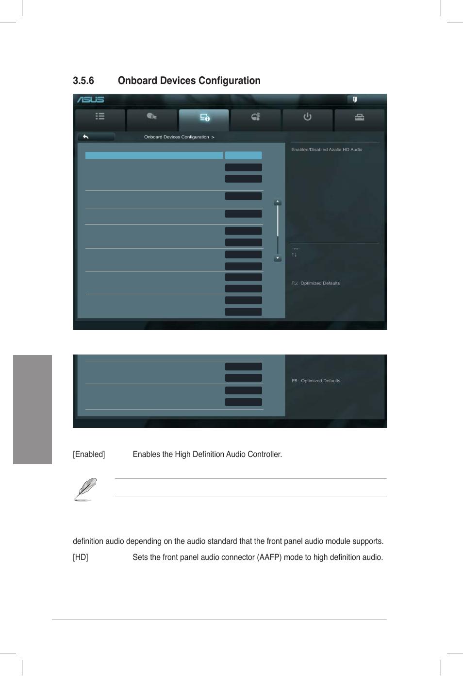 6 onboard devices configuration, Onboard devices configuration, Chapter 3 | Hd audio controller [enabled, Front panel type [hd, Chapter 3: bios setup, Scroll down to display the following items | Asus DELUXE P8Z77-V User Manual | Page 107 / 195