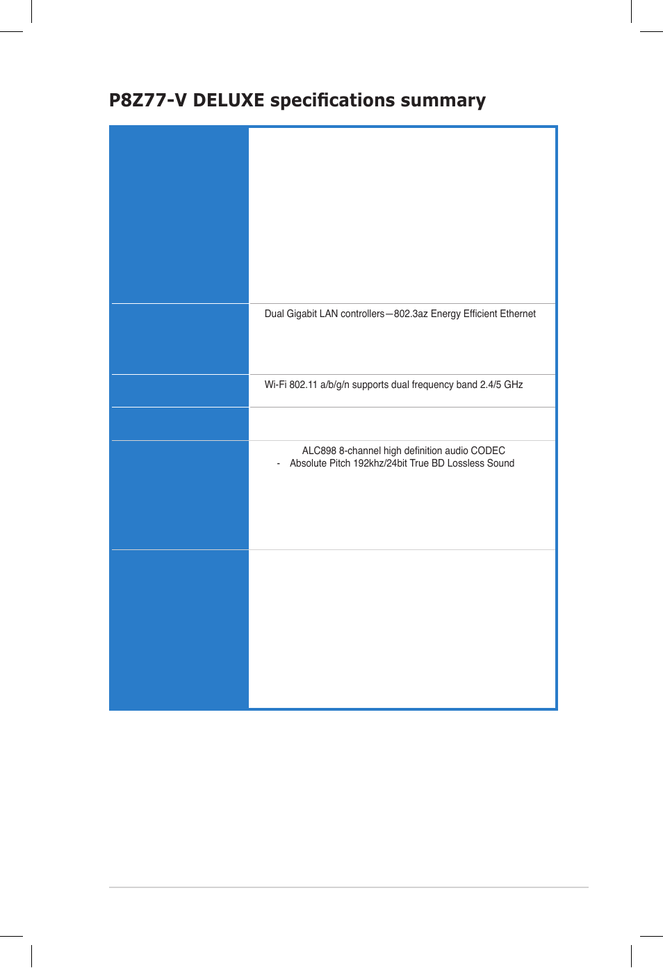 P8z77-v deluxe specifications summary | Asus DELUXE P8Z77-V User Manual | Page 11 / 195