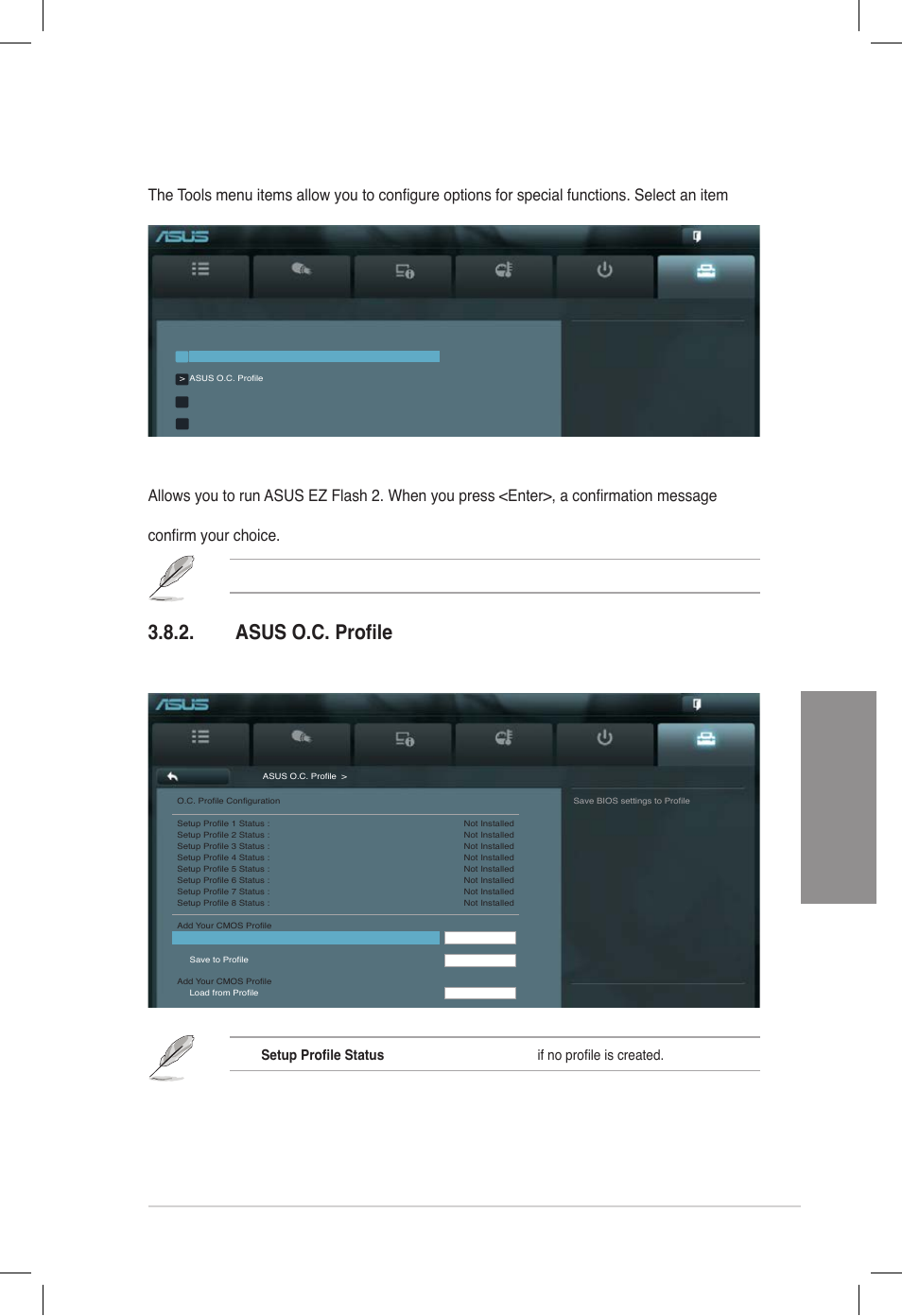 8 tools menu, 1 asus ez flash 2 utility, Asus o.c. profile | Tools menu -37, Asus ez flash 2 utility -37, Chapter 3 3.8 tools menu, Asus p8z77-v deluxe | Asus DELUXE P8Z77-V User Manual | Page 118 / 195