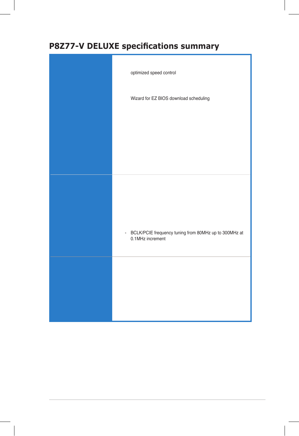 P8z77-v deluxe specifications summary | Asus DELUXE P8Z77-V User Manual | Page 13 / 195