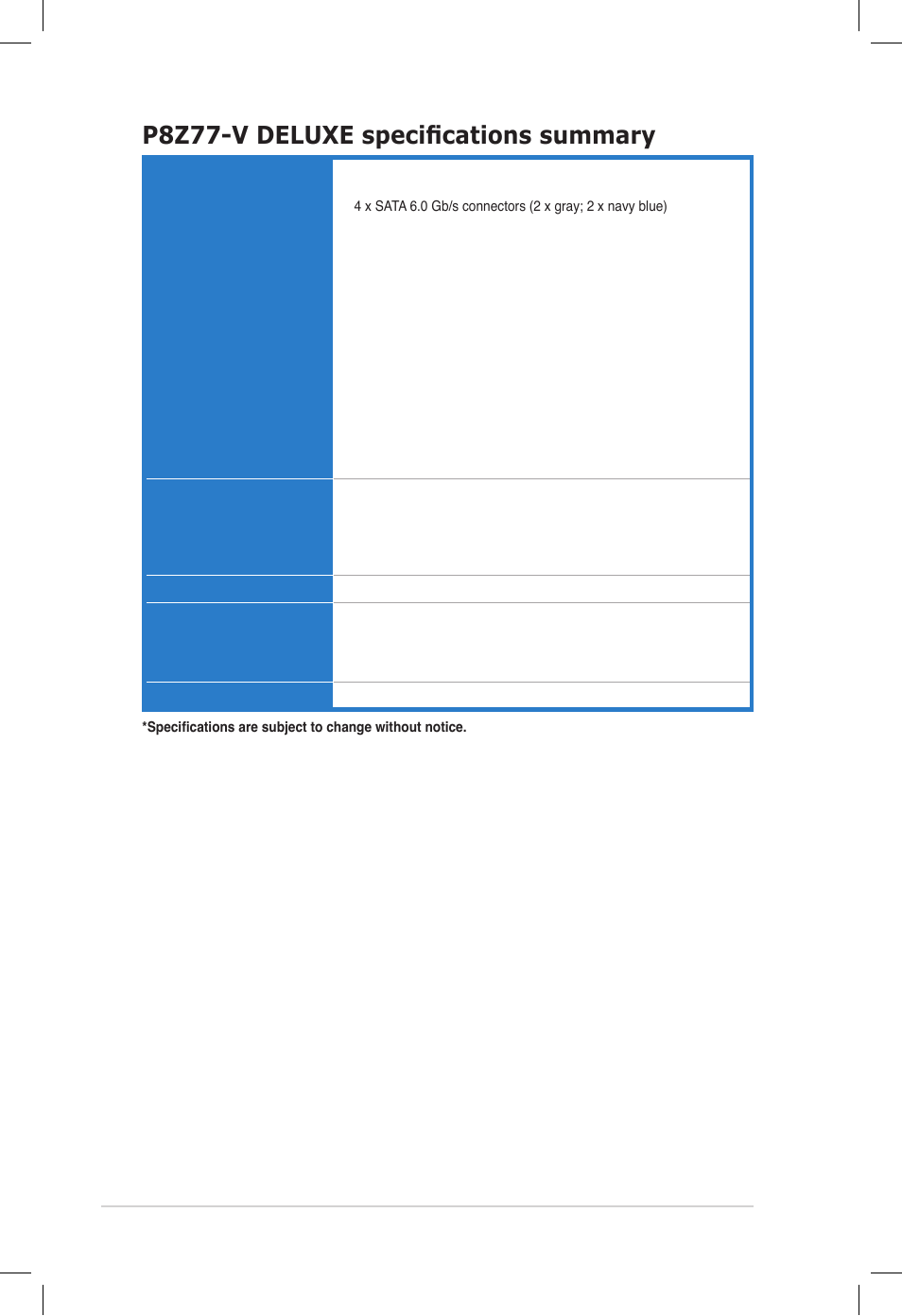 P8z77-v deluxe specifications summary | Asus DELUXE P8Z77-V User Manual | Page 14 / 195