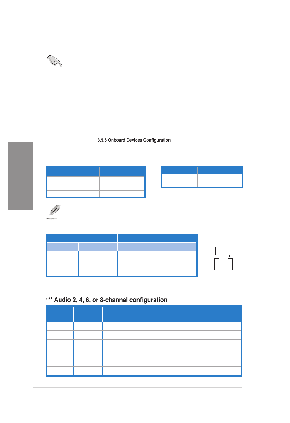 Chapter 2, Audio 2, 4, 6, or 8-channel configuration, Lan ports led indications | Asus DELUXE P8Z77-V User Manual | Page 77 / 195