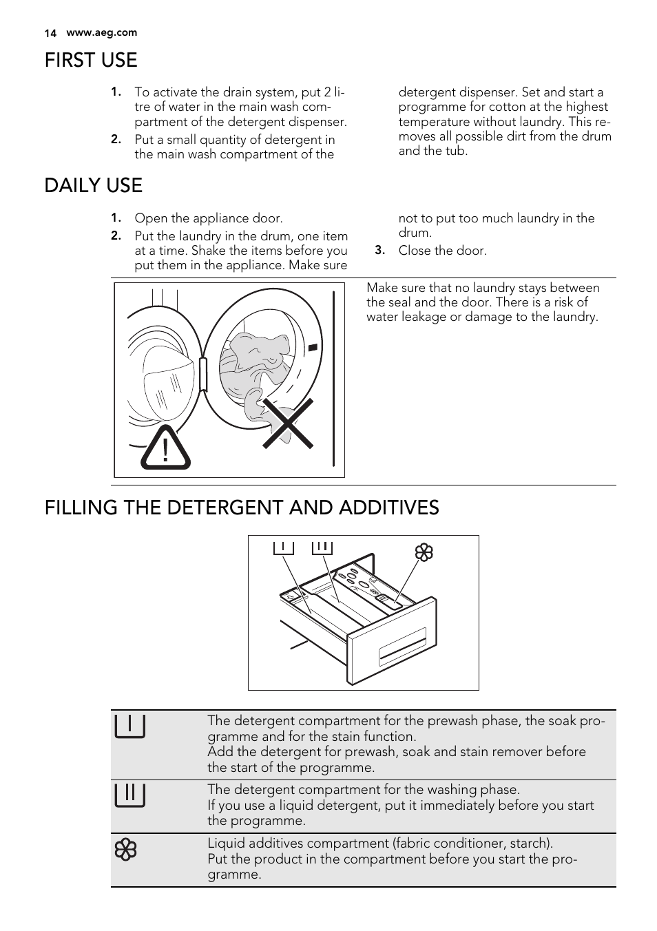 First use, Daily use, Filling the detergent and additives | AEG L75270FL User Manual | Page 14 / 36