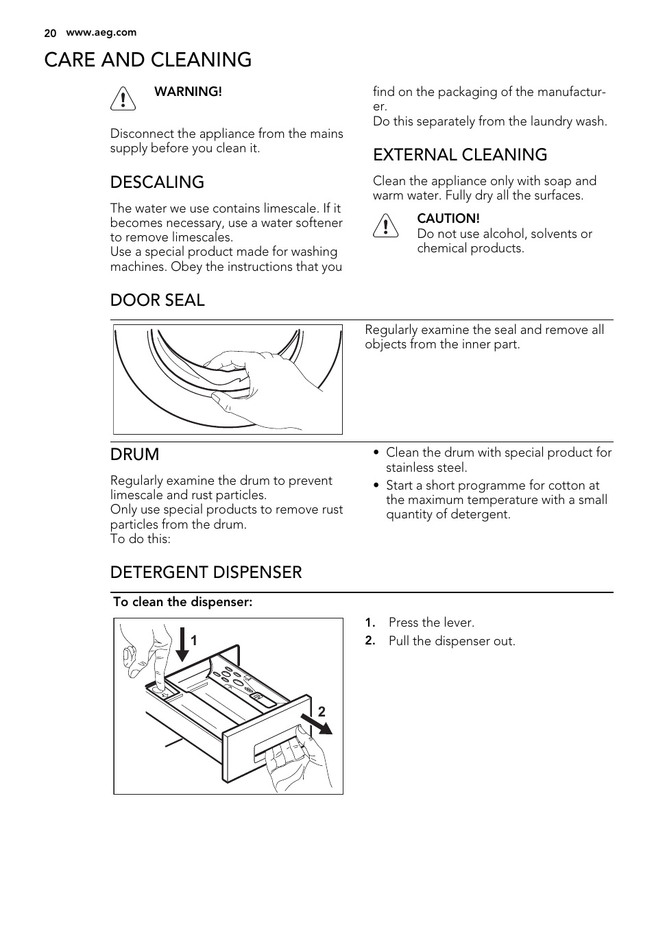 Care and cleaning, Descaling, External cleaning | Door seal, Drum, Detergent dispenser | AEG L75270FL User Manual | Page 20 / 36