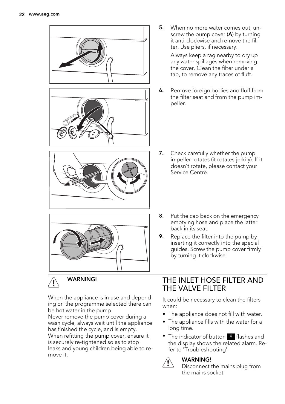 The inlet hose filter and the valve filter | AEG L75270FL User Manual | Page 22 / 36