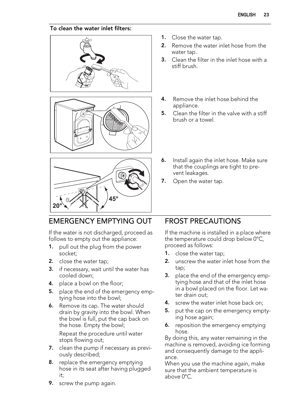 Emergency emptying out, Frost precautions | AEG L75270FL User Manual | Page 23 / 36