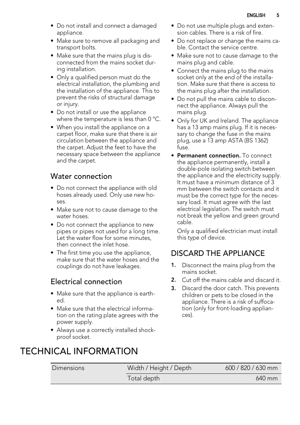 Technical information, Water connection, Electrical connection | Discard the appliance | AEG L75270FL User Manual | Page 5 / 36