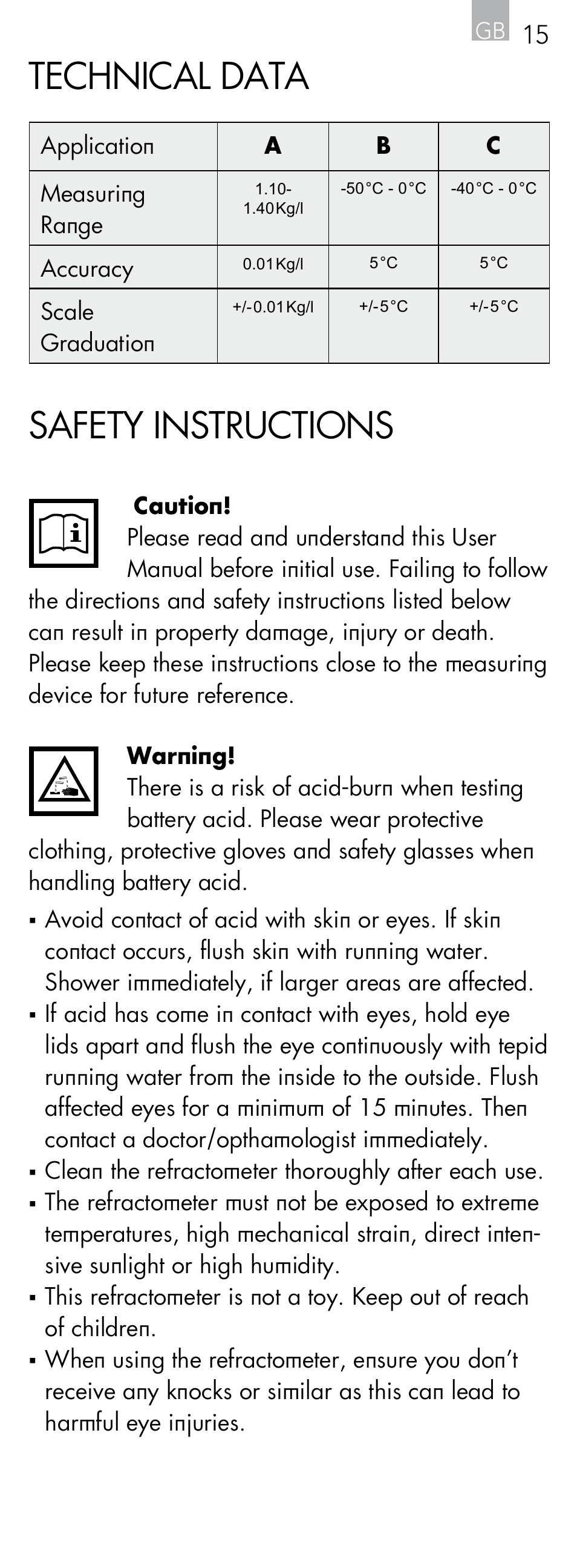 Technical data, Safety instructions | AEG Refractometer RX 3 User Manual | Page 15 / 60