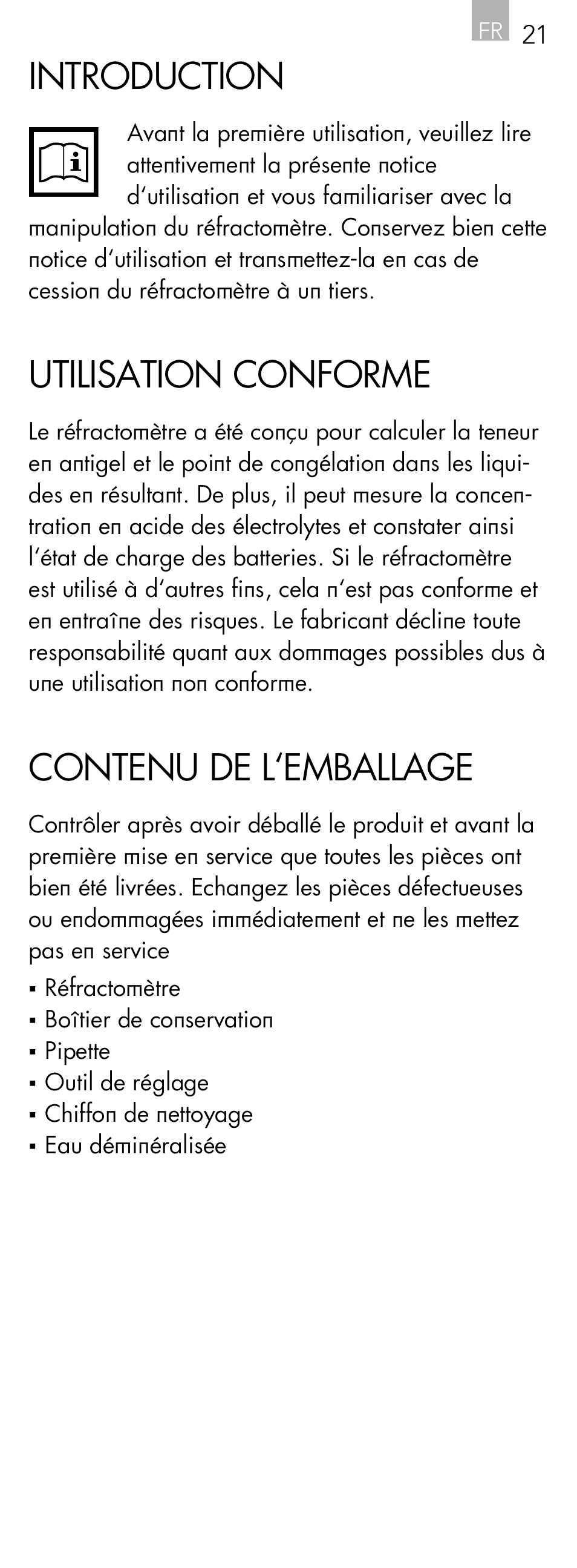 Introduction, Utilisation conforme, Contenu de l‘emballage | AEG Refractometer RX 3 User Manual | Page 21 / 60