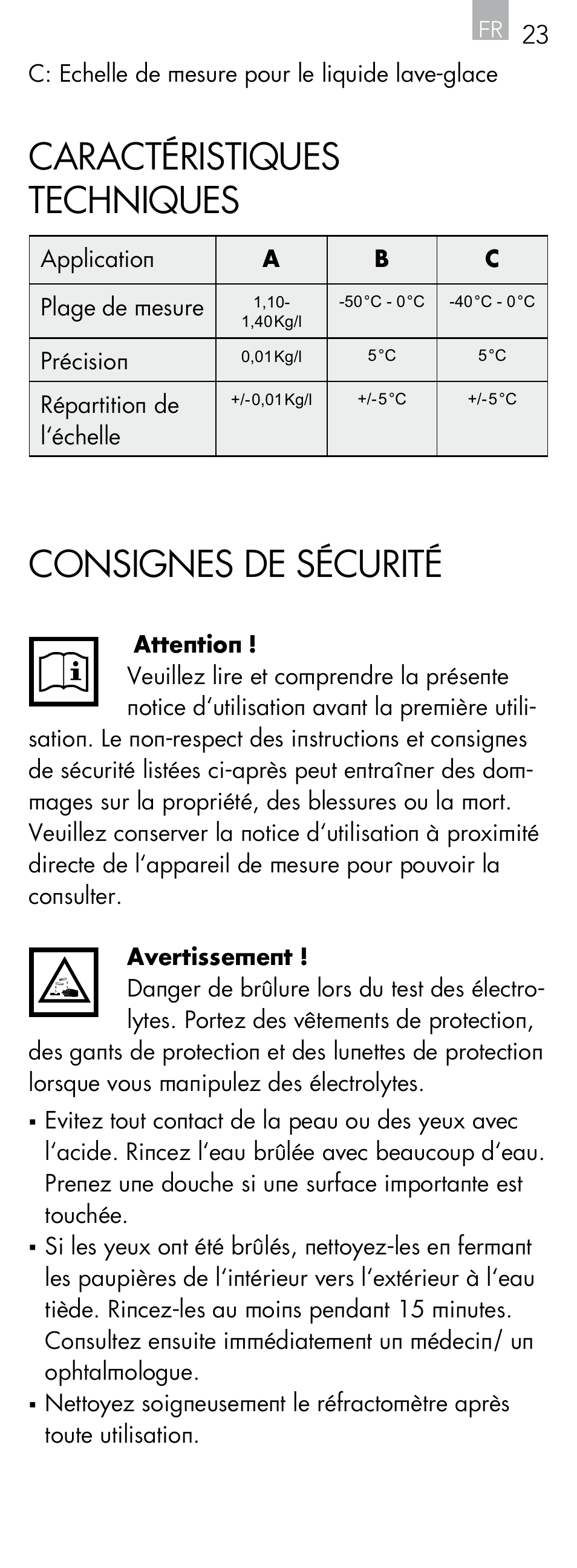 Caractéristiques techniques, Consignes de sécurité | AEG Refractometer RX 3 User Manual | Page 23 / 60