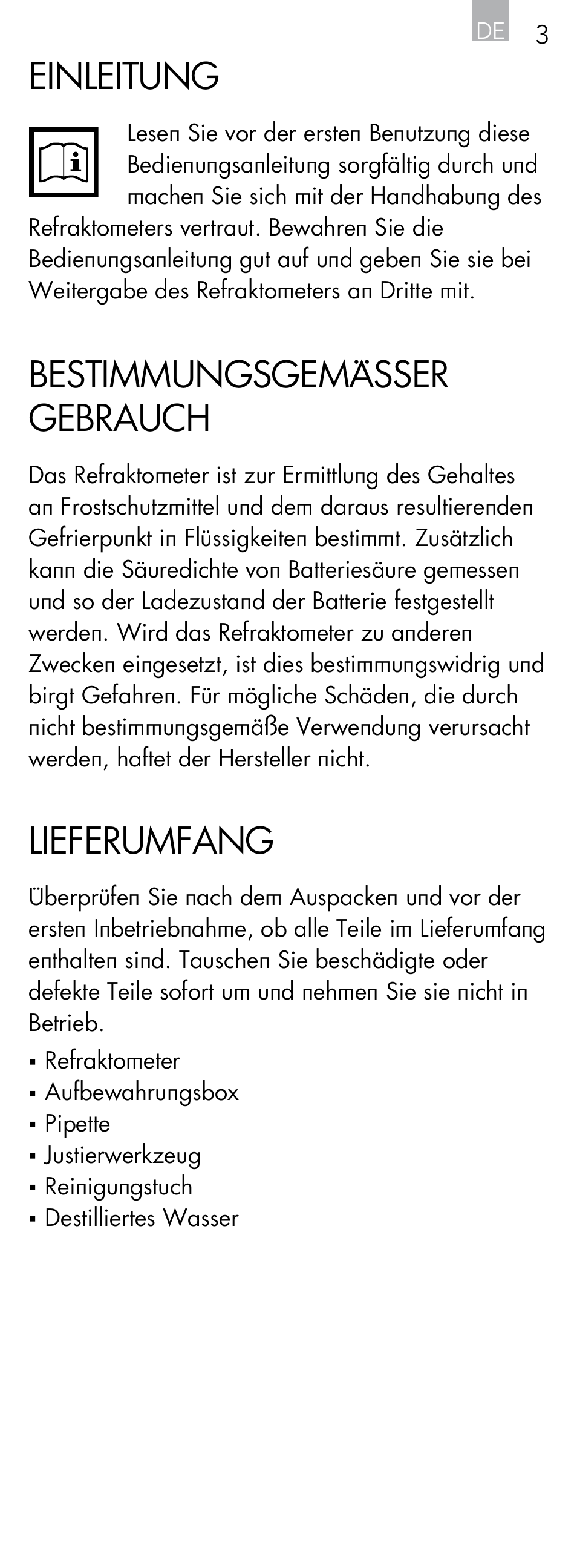 Einleitung, Bestimmungsgemässer gebrauch, Lieferumfang | AEG Refractometer RX 3 User Manual | Page 3 / 60