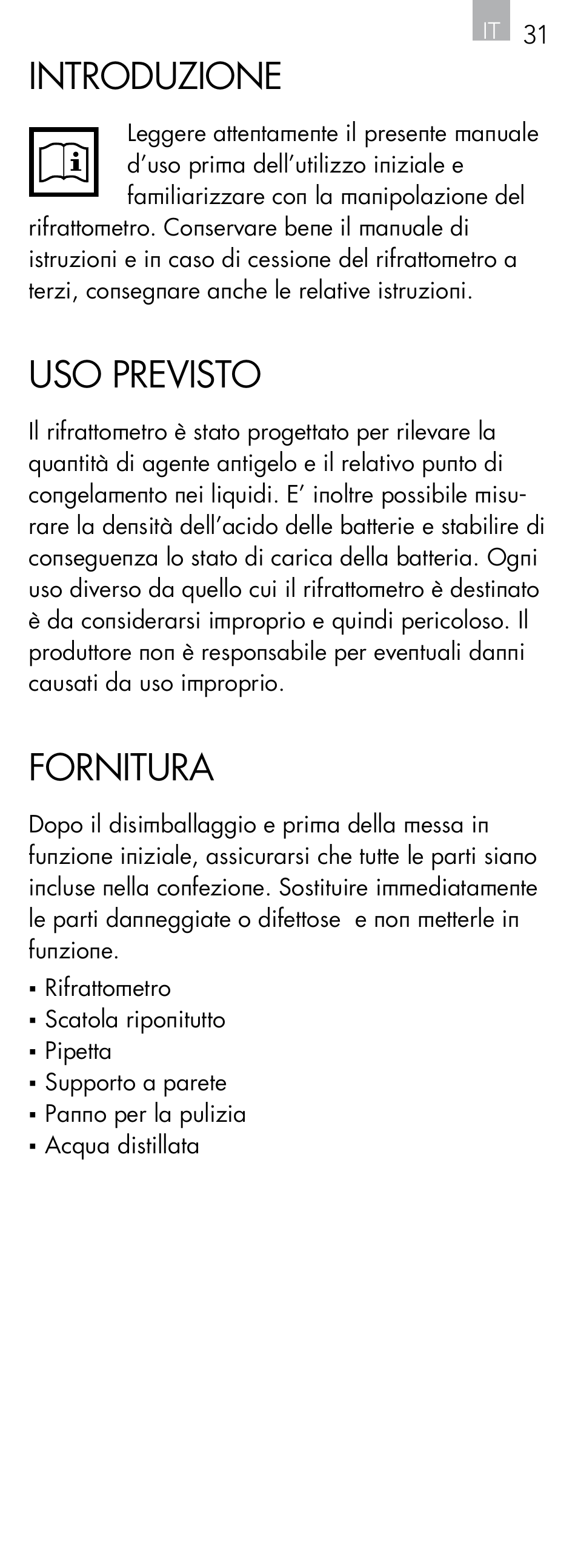 Introduzione, Uso previsto, Fornitura | AEG Refractometer RX 3 User Manual | Page 31 / 60