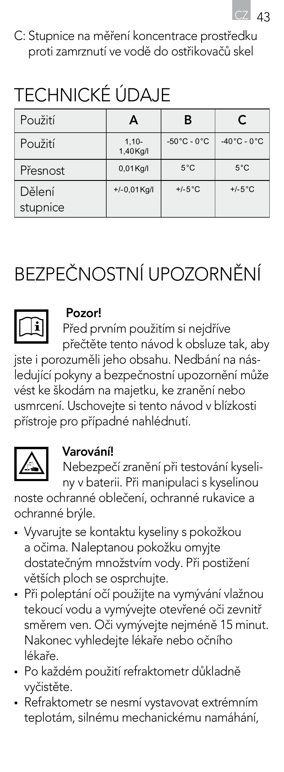 Technické údaje, Bezpečnostní upozornění | AEG Refractometer RX 3 User Manual | Page 43 / 60